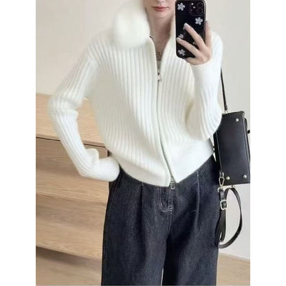 Fluffy Collar Plain Ribbed Knit Zip Cardigan