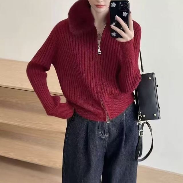 Fluffy Collar Plain Ribbed Knit Zip Cardigan