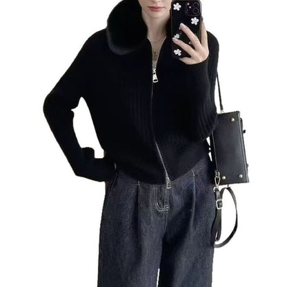Fluffy Collar Plain Ribbed Knit Zip Cardigan