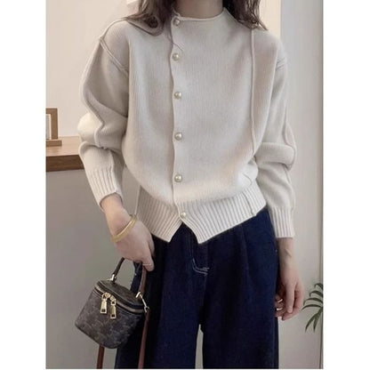 Round Neck Plain Faux Pearl Cardigan