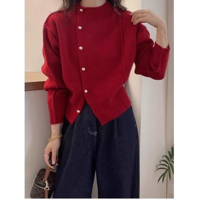 Round Neck Plain Faux Pearl Cardigan