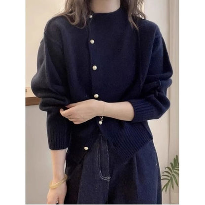Round Neck Plain Faux Pearl Cardigan