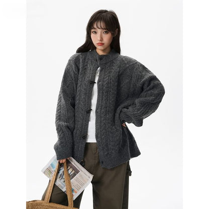 Stand Collar Plain Cable Knit Toggle Cardigan