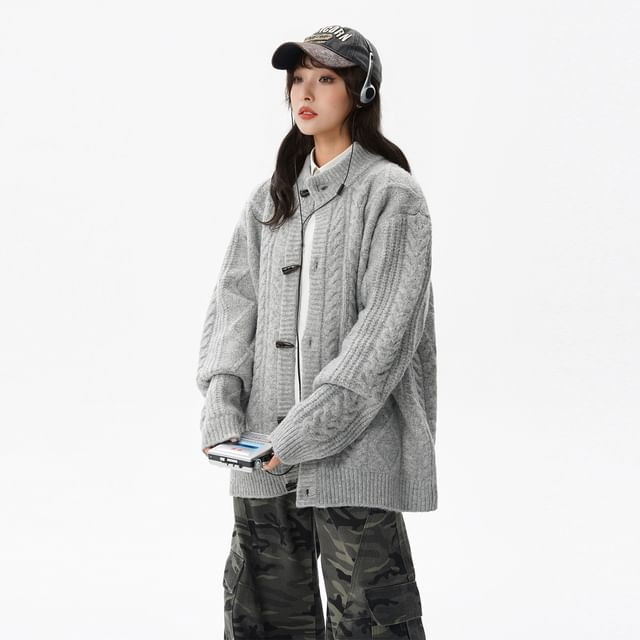 Stand Collar Plain Cable Knit Toggle Cardigan