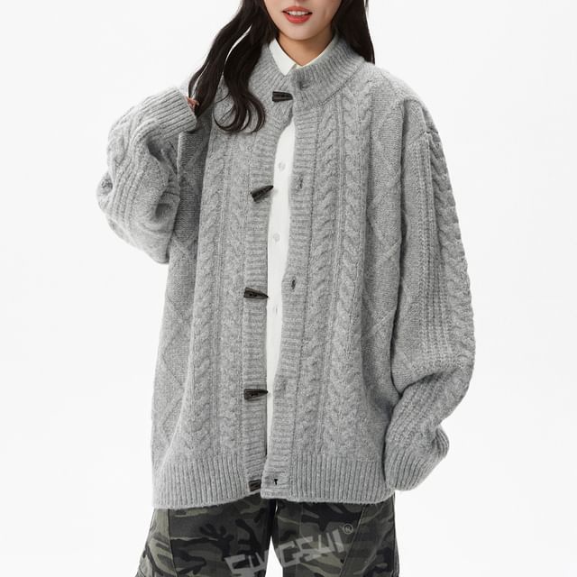 Stand Collar Plain Cable Knit Toggle Cardigan