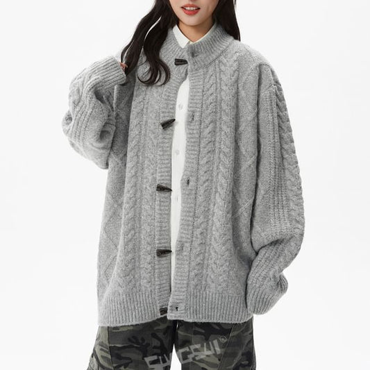 Stand Collar Plain Cable Knit Toggle Cardigan