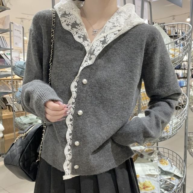 Plain Lace Trim Hooded Cardigan