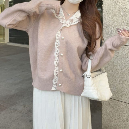 Plain Lace Trim Hooded Cardigan
