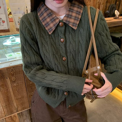 Collar Plain Plaid Panel Cable-Knit Cardigan