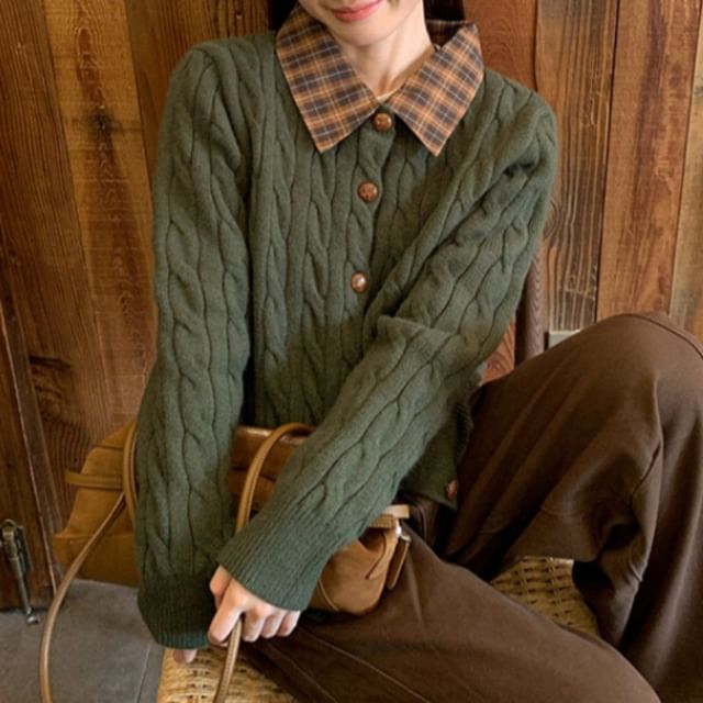 Collar Plain Plaid Panel Cable-Knit Cardigan