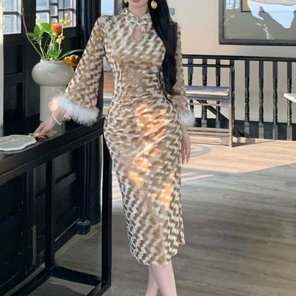 Long-Sleeve Stand Collar Fluffy Cuff Cutout Velvet Midi Sheath Qipao