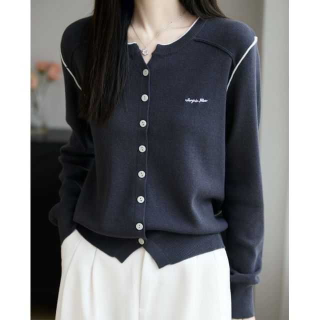 Round Neck Contrast Trim Button Up Cardigan