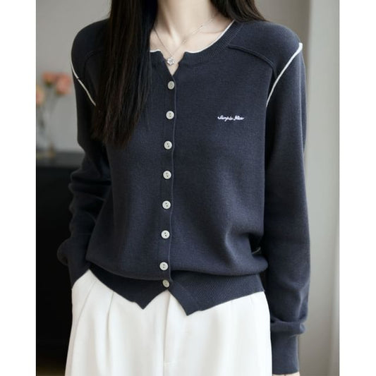 Round Neck Contrast Trim Button Up Cardigan
