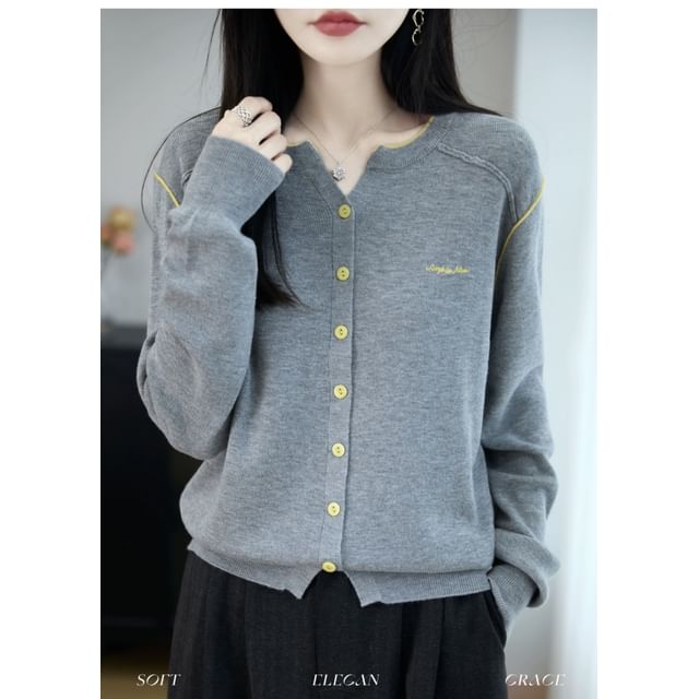 Round Neck Contrast Trim Button Up Cardigan
