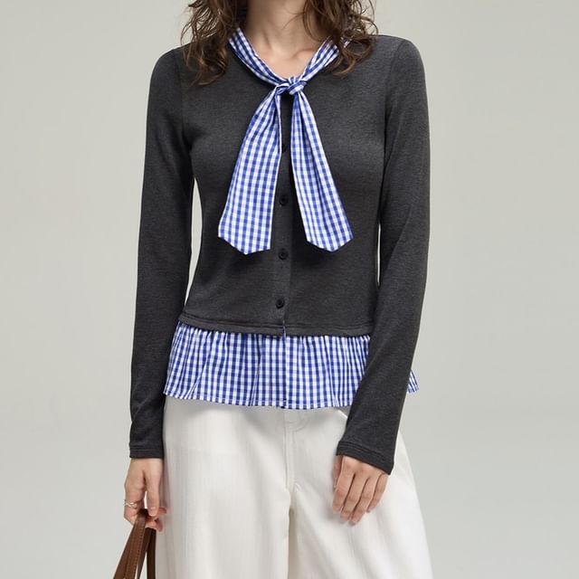 Mock Two-Piece Tie-Neck Gingham Panel Button-Up Cardigan