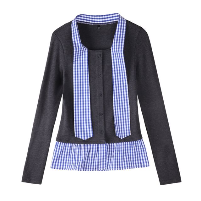 Mock Two-Piece Tie-Neck Gingham Panel Button-Up Cardigan