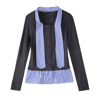 Mock Two-Piece Tie-Neck Gingham Panel Button-Up Cardigan