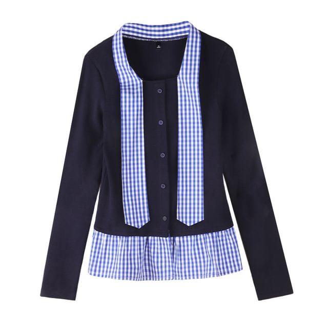 Mock Two-Piece Tie-Neck Gingham Panel Button-Up Cardigan