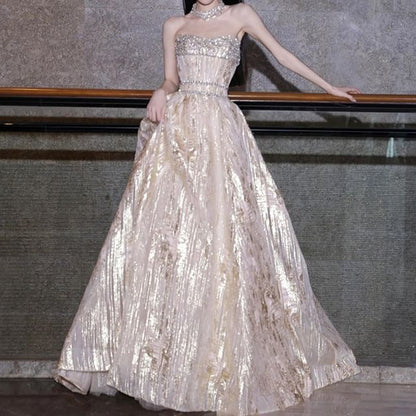 Strapless Choker-Neck Sequined Patterned A-Line Evening Gown