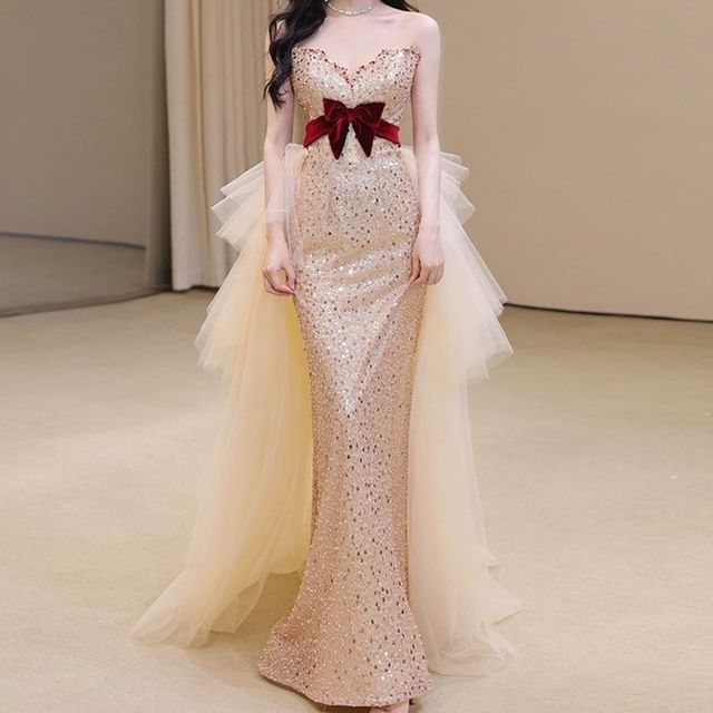 Strapless Sequined Velvet Bow Mesh Bow Back Bodycon Evening Gown