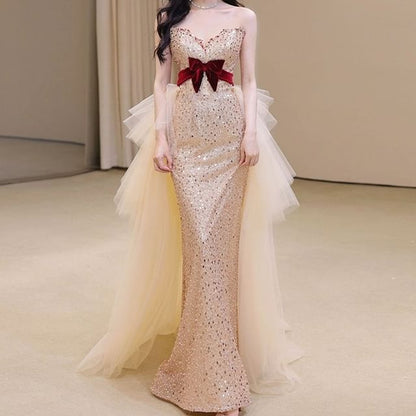 Strapless Sequined Velvet Bow Mesh Bow Back Bodycon Evening Gown