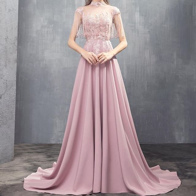 Cape-Sleeve Tasseled Mesh Panel Satin A-Line Evening Gown