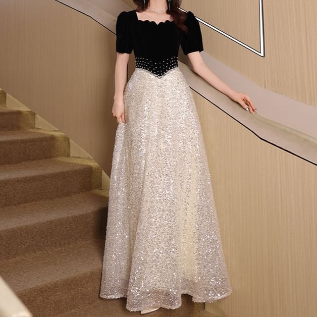 Short-Sleeve Square-Neck Two-Tone Sequined A-Line Evening Gown