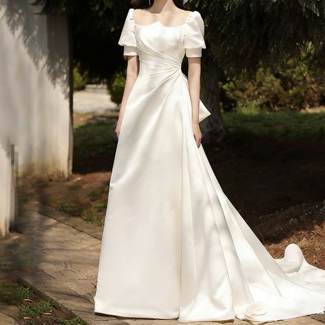 Puff-Sleeve Mesh Panel Shirred A-Line Wedding Gown