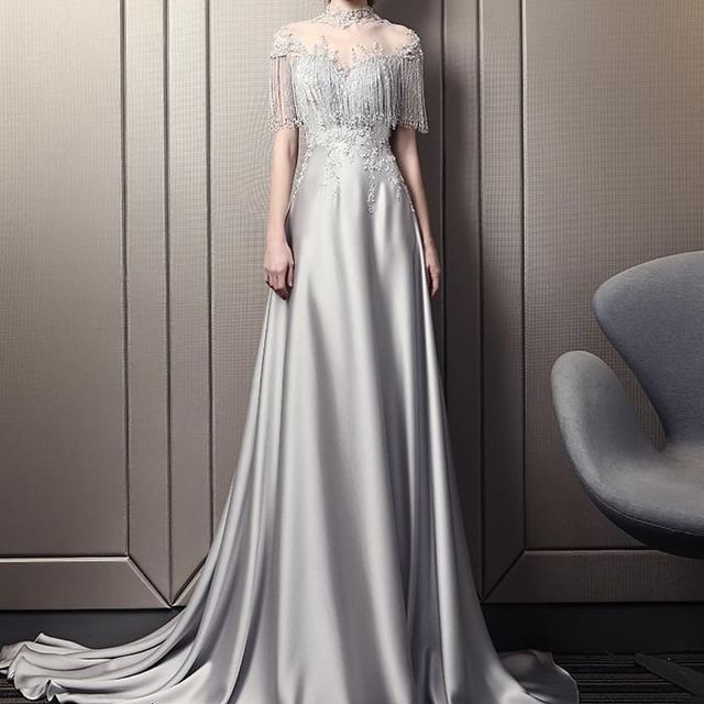 Cape-Sleeve Tasseled Mesh Panel Satin A-Line Evening Gown