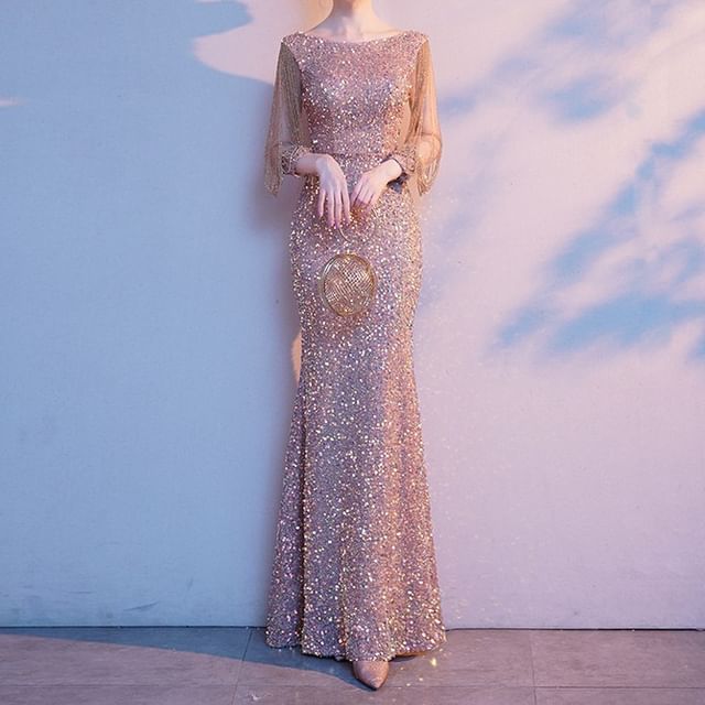 3/4-Sleeve Sequined Mermaid Evening Gown