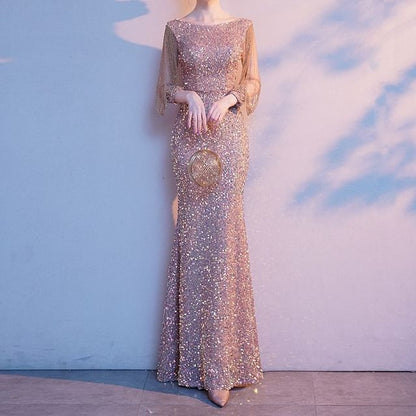 3/4-Sleeve Sequined Mermaid Evening Gown
