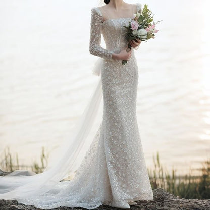 Long-Sleeve Square-Neck Bow Back Lace Mermaid Wedding Gown