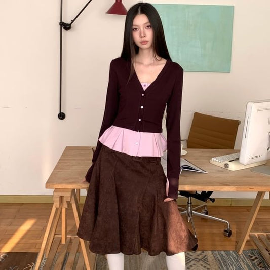 Mock Two-Piece V-Neck Cardigan / High Waist Mermaid Skirt