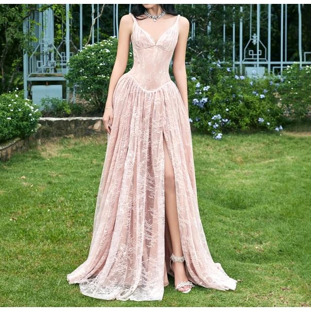 Spaghetti Strap Floral Side-Slit Lace A-Line Evening Dress