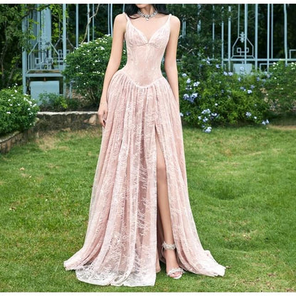 Spaghetti Strap Floral Side-Slit Lace A-Line Evening Dress