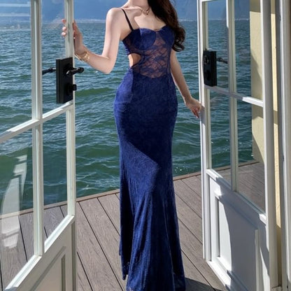 Spaghetti Strap Sweetheart Neck Lace Panel Sheath Evening Gown