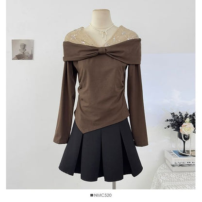 Glitter Asymmetric-Hem V-Neck Long Top