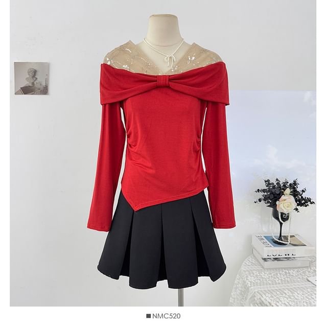 Glitter Asymmetric-Hem V-Neck Long Top