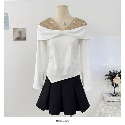 Glitter Asymmetric-Hem V-Neck Long Top