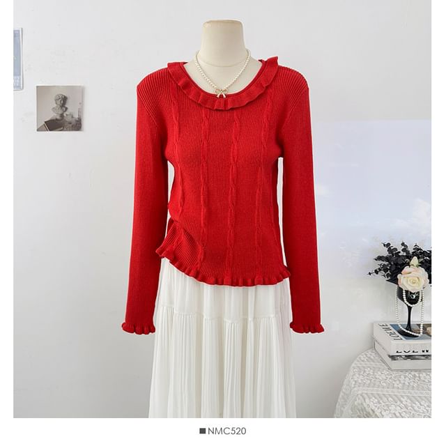Ruffle-Trim Long-Sleeve Knit Pullover
