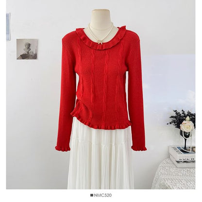 Ruffle-Trim Long-Sleeve Knit Pullover