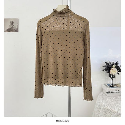 Polka-Dot Sheer Turtleneck Slim-Fit Top