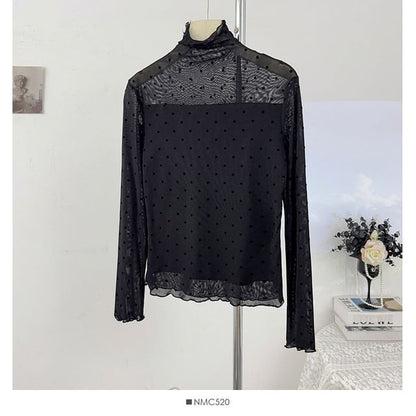 Polka-Dot Sheer Turtleneck Slim-Fit Top
