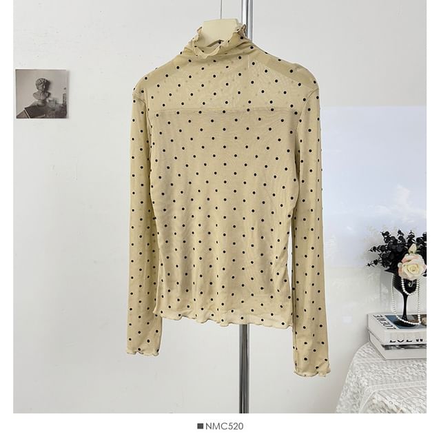 Polka-Dot Sheer Turtleneck Slim-Fit Top
