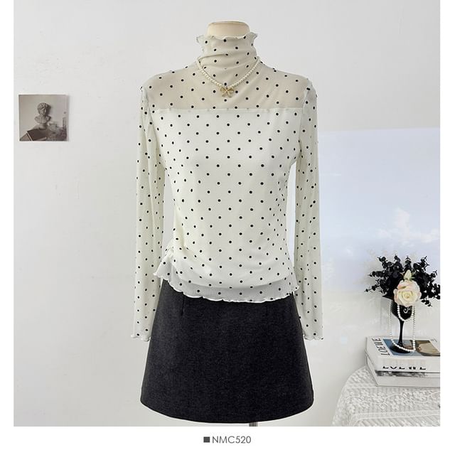 Polka-Dot Sheer Turtleneck Slim-Fit Top