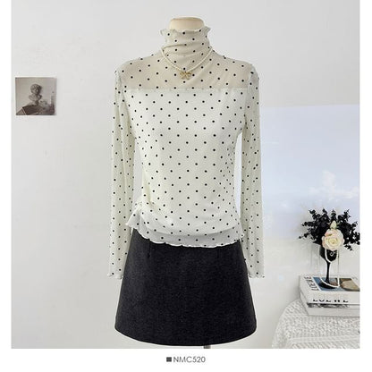Polka-Dot Sheer Turtleneck Slim-Fit Top