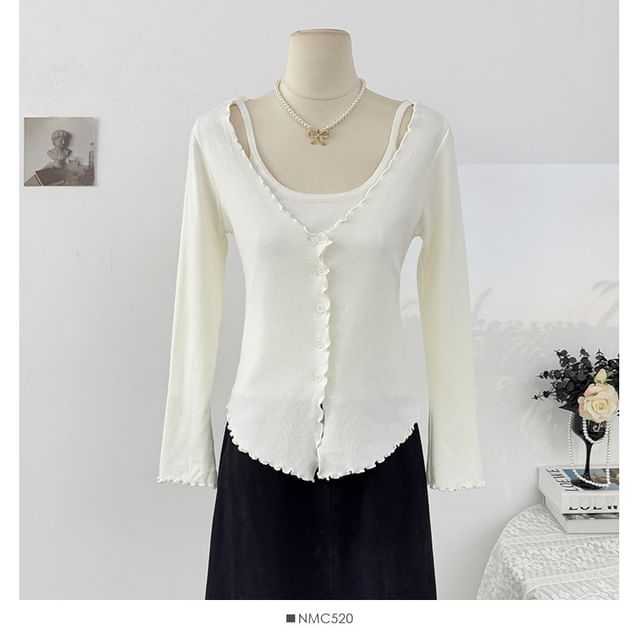 Ruffled-Trim Slim Mock Two-Piece Long Tee