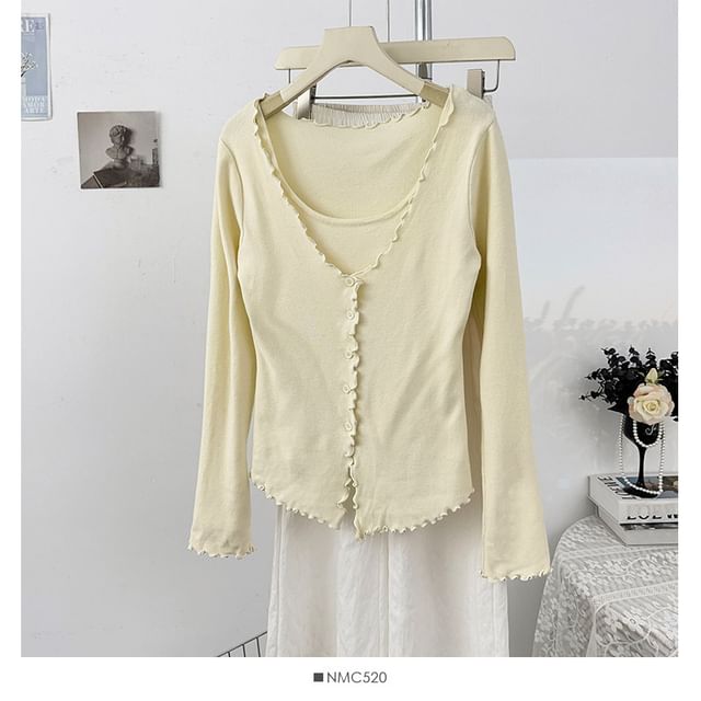 Ruffled-Trim Slim Mock Two-Piece Long Tee
