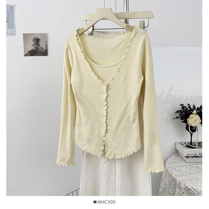 Ruffled-Trim Slim Mock Two-Piece Long Tee