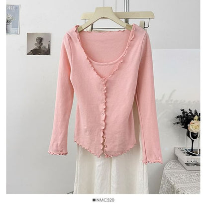 Ruffled-Trim Slim Mock Two-Piece Long Tee